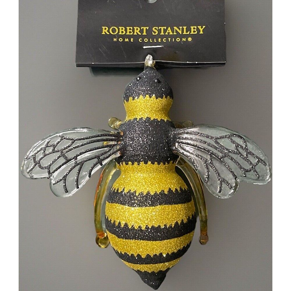 Robert Stanley 4.5" Glitter‎ Bumblebee Christmas Tree Ornament Blown Glass NWT